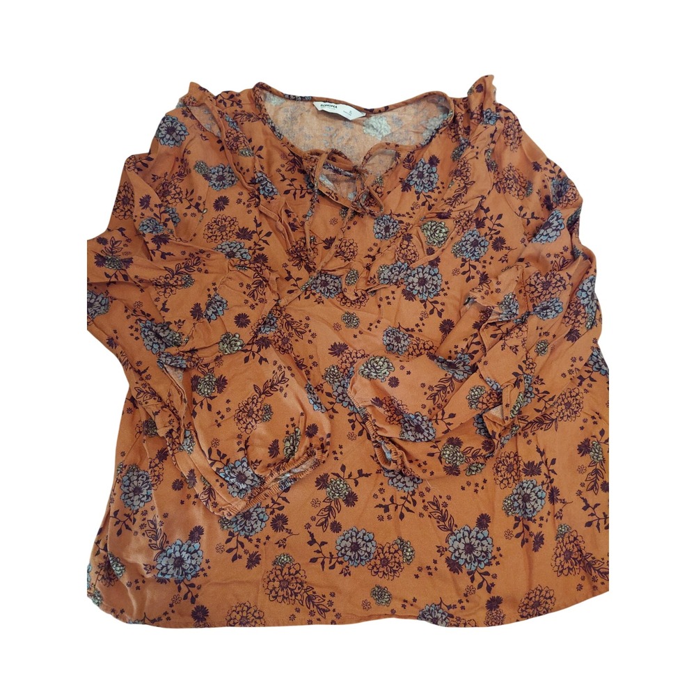 Sonoma Goods For Life Women XL Rust Floral Ruffle Tie Neck Peasant Blouse Top